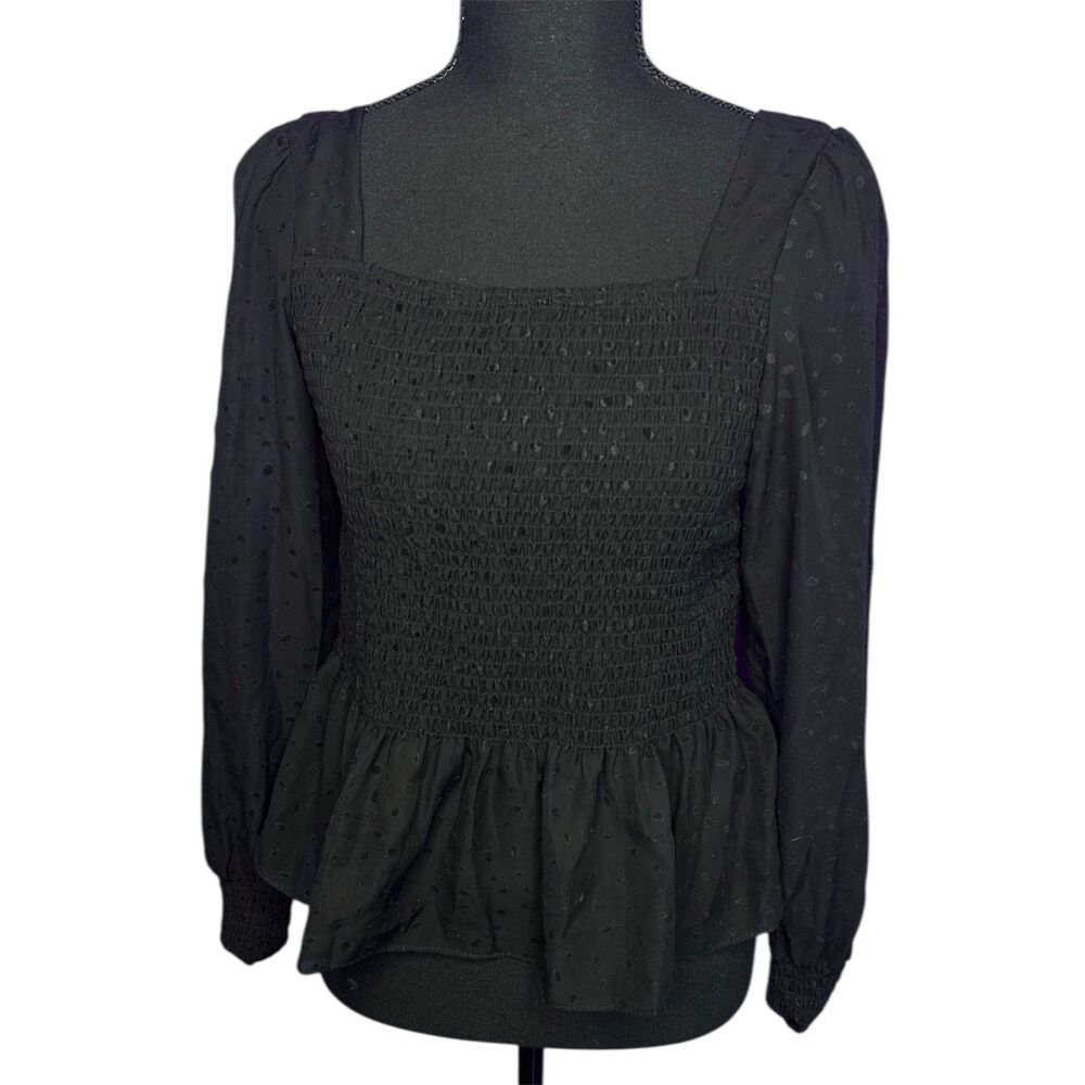 H&M Womens Black Polka Dot Peplum Blouse 6 Peasant Babydoll Sheer Victorian &Bra